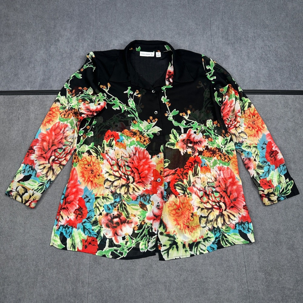 Susan Graver Black Floral Sheer Button Down Blouse Top XS Red Orange Green Y2k